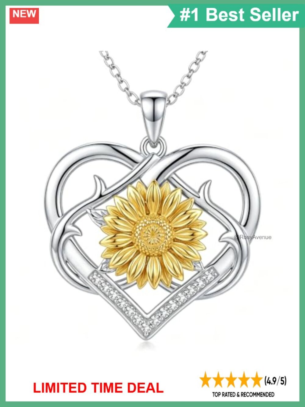 925 Sterling Silver Lab Grown Diamond Sunflower Heart Pendant Necklace 18+2 Inch